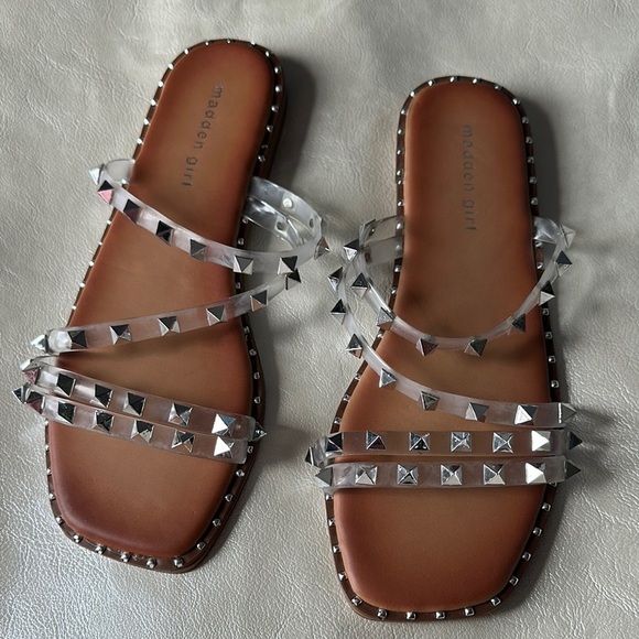 Madden Girl Silver Brown Sandals with Studded Straps - Picture 1 of 5